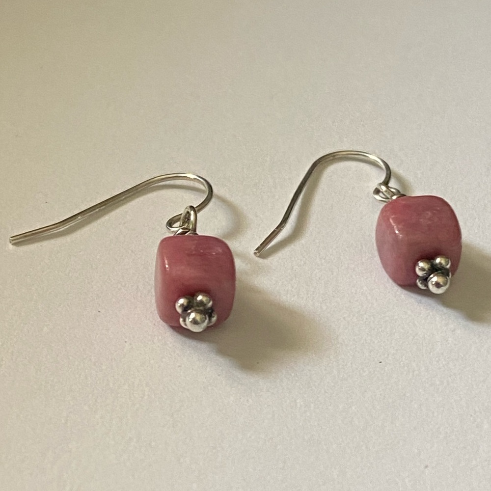 Vintage Sterling Silver Pink Rhodolite Semi Precious Stone Earrings - Picture 4 of 6